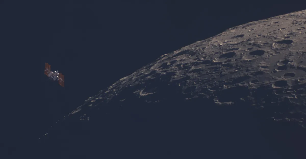 Photo showing the cratered lunar surface in semi-darkness, with the International Space Station passing close above